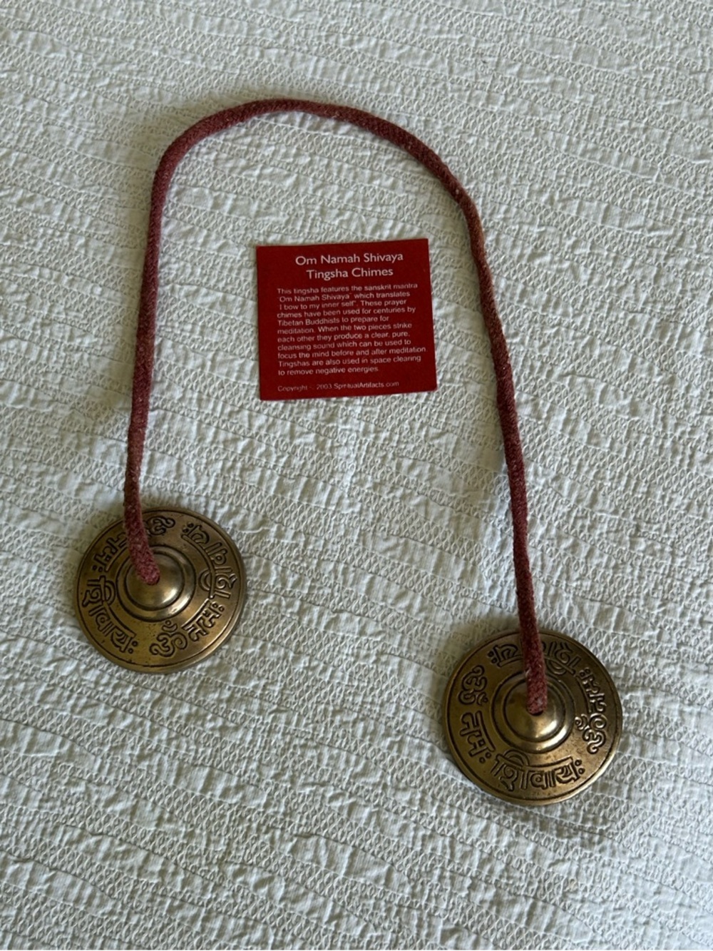 Om Namah Shivaya Tingsha Chimes - Brass with Red Cord - Picture 2 of 5